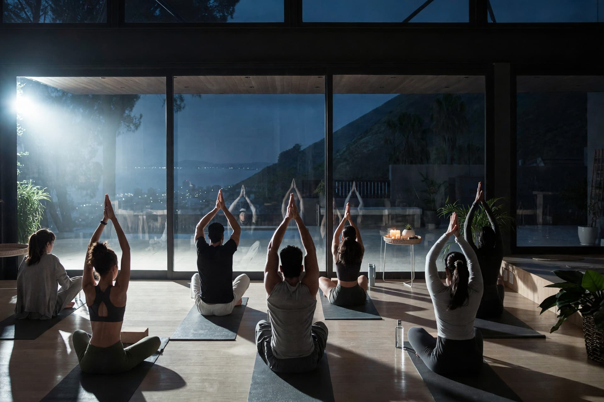 A group wellness session in a bright practice room